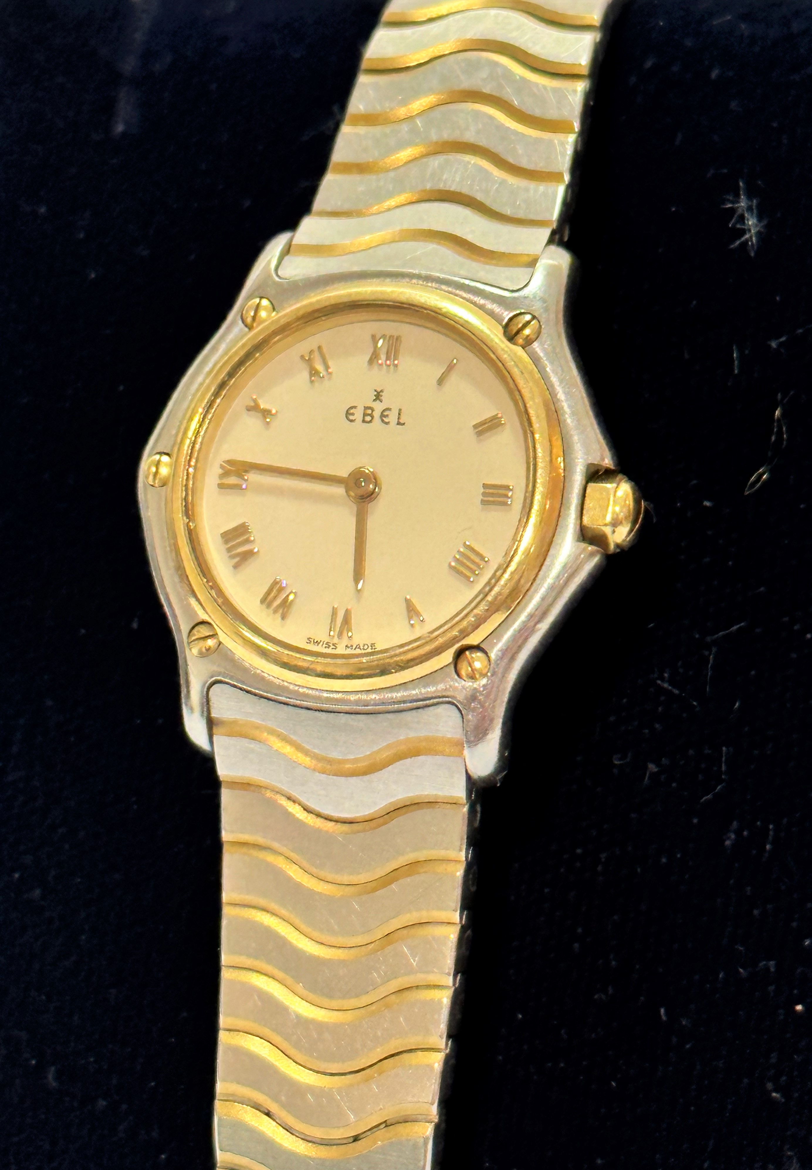A lady's Swiss Ebel wristwatch Quartz Wave the champagne dial with Roman numerals and 18ct gold