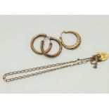 A pair of 9ct gold hoop earrings, a single 9ct gold hoop earring and a 9ct gold fine chain link
