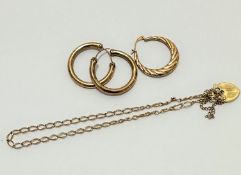 A pair of 9ct gold hoop earrings, a single 9ct gold hoop earring and a 9ct gold fine chain link