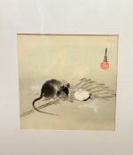 Late 19thc early 20thc Japanese wood block print depicting a Rat Gnawing on a Bamboo Shoot, signed