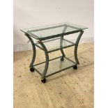 Pierre Vandel, A patinated metal and glass drinks trolley, moving on castors, H64cm, W80cm, D45cm