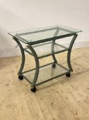 Pierre Vandel, A patinated metal and glass drinks trolley, moving on castors, H64cm, W80cm, D45cm