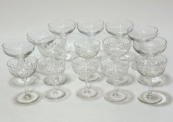 A set of seven Edwardian style crystal champagne glasses with spiral twist stems, (h 13cm x 10cm), a