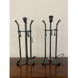 A pair of patinated cast metal triform table lights, H55cm