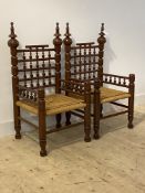 A pair of Indian style turned chairs with woven string seats H110cm, W54cm, D55cm
