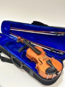 A modern child's Sound Post UK Primavera satinwood one piece violin complete with chin rest, case