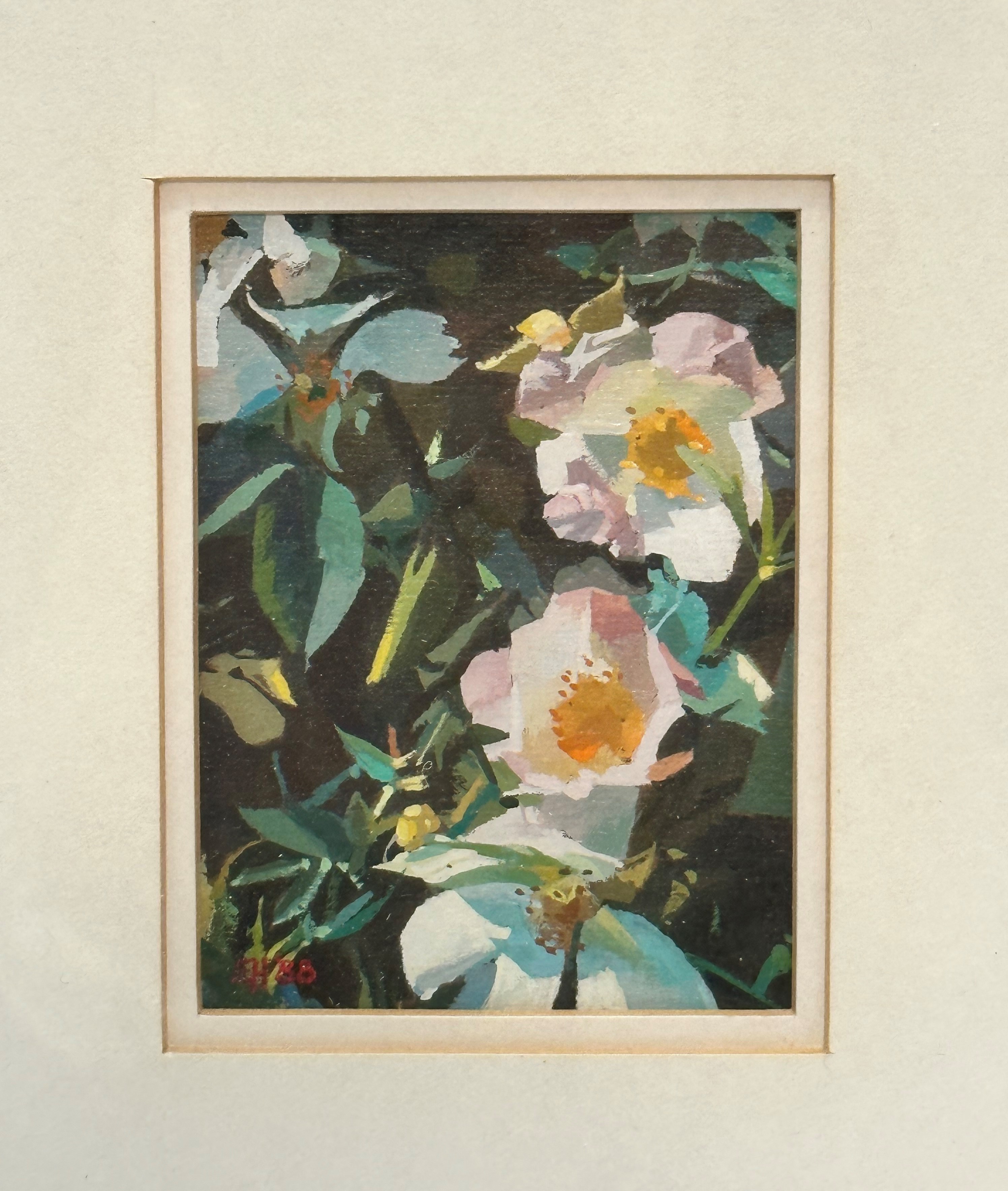 Eric Huntley RSW, Wild Roses, oil on canvas board, signed with initials bottom left, paper label