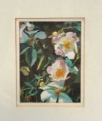 Eric Huntley RSW, Wild Roses, oil on canvas board, signed with initials bottom left, paper label