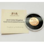 A Heartington and Byne 2018 gold uncirculated Queen Elizabeth II gold Sovereign, complete with