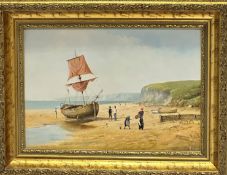 R Simm, White Cliffs of Dover, Beached Fishing Boat, oil on panel, signed bottom right, gilt