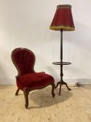 A Victorian style stained beech spoon back slipper chair upholstered in buttoned red velvet,