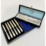 A set of six mother of pearl handled Epns bladed tea knives, show signs of use, complete with