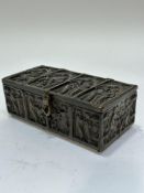 A reproduction Medieval style cast brass casket depicting scenes of Mary and Joseph etc to four