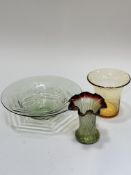 A 1920s /30's pale green glass fruit bowl with ribbed design, (9cm x 29.5cm) shows no signs of