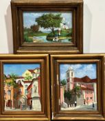 M Forge, a set of three Continental Views of Towns and a Riverscape, oil on copper, signed bottom