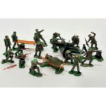 A set of Britain's plastic WWII infantry men complete with gun, stretcher, figures, radio operator
