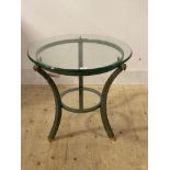 Pierre Vandel, A patinated metal and glass two tier circular lamp table, H58cm, D60cm