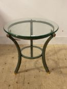 Pierre Vandel, A patinated metal and glass two tier circular lamp table, H58cm, D60cm
