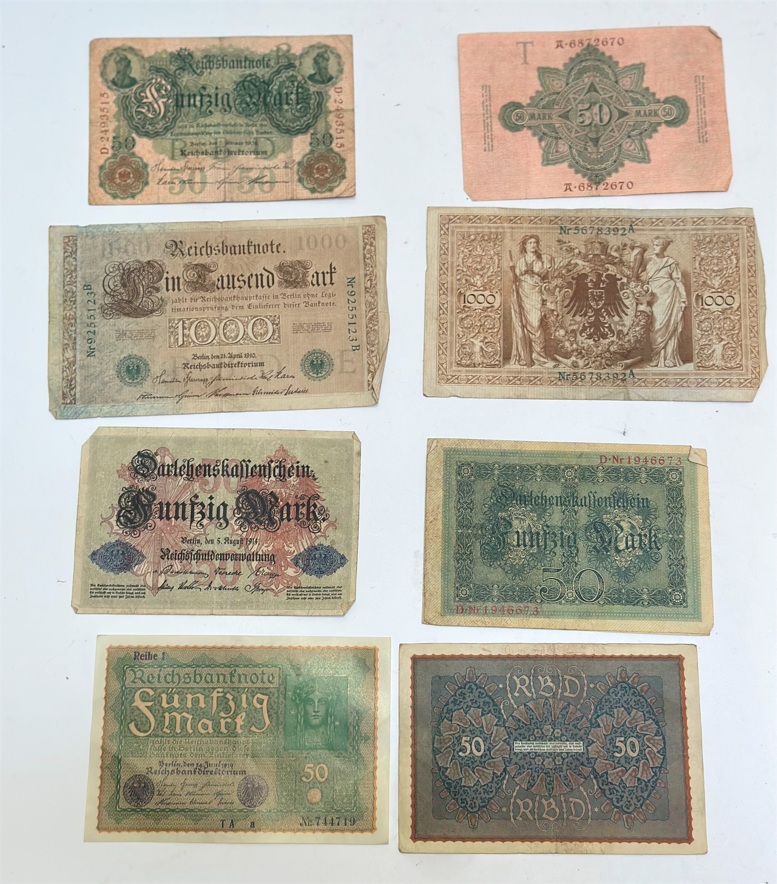 194 German banknotes, one third for 5th August 1915, 50marknotes (2 £5 each), two for 1910 1000 mark - Image 2 of 2