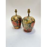 A pair of ovoid baluster vase table lamps with decoupage style floral leaf and chrysanthemum