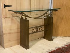 A continental gilt wrought metal and glass console table, h78cm, w121cm, D38cm