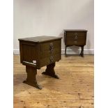 A pair of oak bedside tables, each fitted with three drawers raised on panel end supports, H55cm,