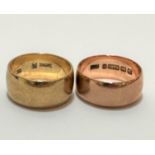 A 9ct gold wedding band, (O/P) and a 9ct gold rose gold wedding band (O) (11.43g)
