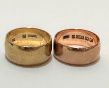 A 9ct gold wedding band, (O/P) and a 9ct gold rose gold wedding band (O) (11.43g)