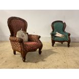 A pair of Victorian style upholstered spoon back dolls or childs chairs, H54cm