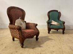 A pair of Victorian style upholstered spoon back dolls or childs chairs, H54cm