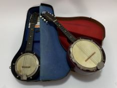 A John Grey & Sons, London eight string banjo, in case early to mid 20th century (banjo 58cm)