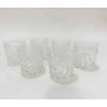 A set of six crystal laurel leaf bordered and hobnail cut crystal large whisky tumblers, no signs of