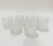 A set of six crystal laurel leaf bordered and hobnail cut crystal large whisky tumblers, no signs of