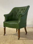 A late 19th century walnut tub armchair, upholstered in buttoned and studded faux green leather,