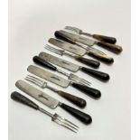 A set of six 19thc horn handled hand forged steel three pronged forks and a set of five knives