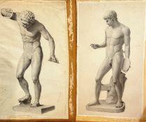 Late 19th early 20thc School, Discus Throwers, charcoal drawing studies after the antique, mounted