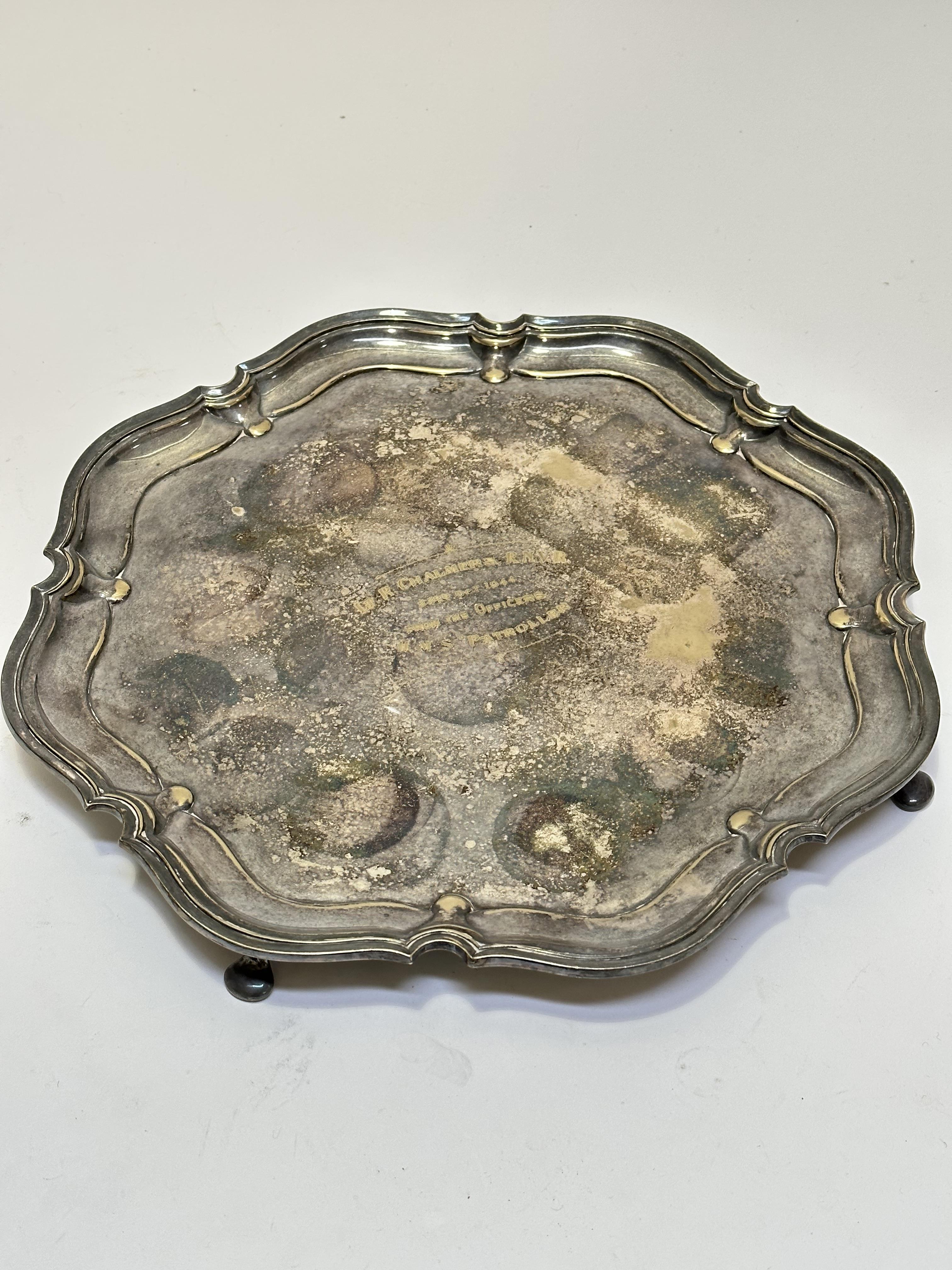 An Epns scalloped presentation tray to Lieutenant Chalmers VR, 23rd October 1944, From the