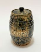 A Scottish pottery Methven style sugar barrel complete with top, (h 22cm x 16cm) slight chip to