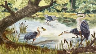 Carroll Sawyer, Herons on a Pond with a Wren, signed bottom right and dated '86, oak glazed