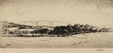 A Grigor, Scottish Scene with Distant Hills, drypoint, signed in pencil bottom right, gilt and