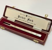 A modern Sheffield silver reproduction pickle fork in presentation box, (18cm x 1cm) (42.46g)
