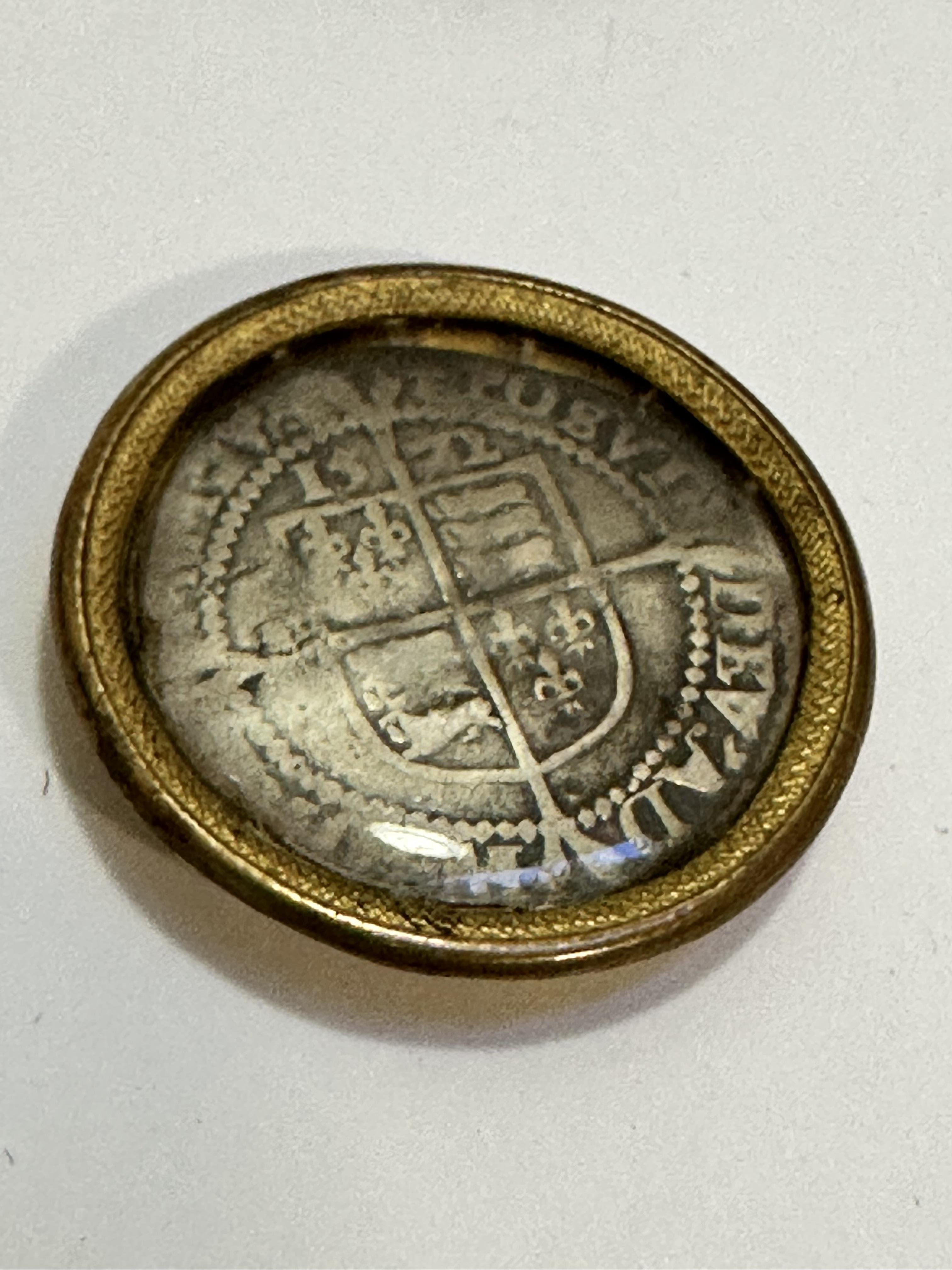 An Elizabeth I six pence dated 1572, mounted in yellow metal frame, heavily worn, (d 3cm) - Image 3 of 3