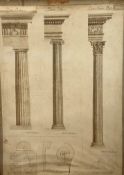 Pen and ink drawing depicting The Three Orders, Dorick, Ionic and Corinthian, with details below, on