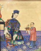 A late 19thc Chinese painting on rice paper depicting a Courtly Lady with Attendant Servant,