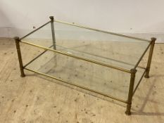 A gilt metal and glass two tier coffee table, H45cm, 65cm x 120cm