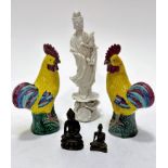 A modern pair of Chinese porcelain cockerel figures decorated with famille jaune design, (15cm x