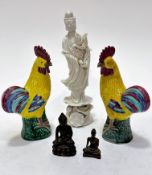 A modern pair of Chinese porcelain cockerel figures decorated with famille jaune design, (15cm x