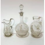 An Edwardian Mary Gregory decorated clear glass jug with scalloped top and C scroll handle to