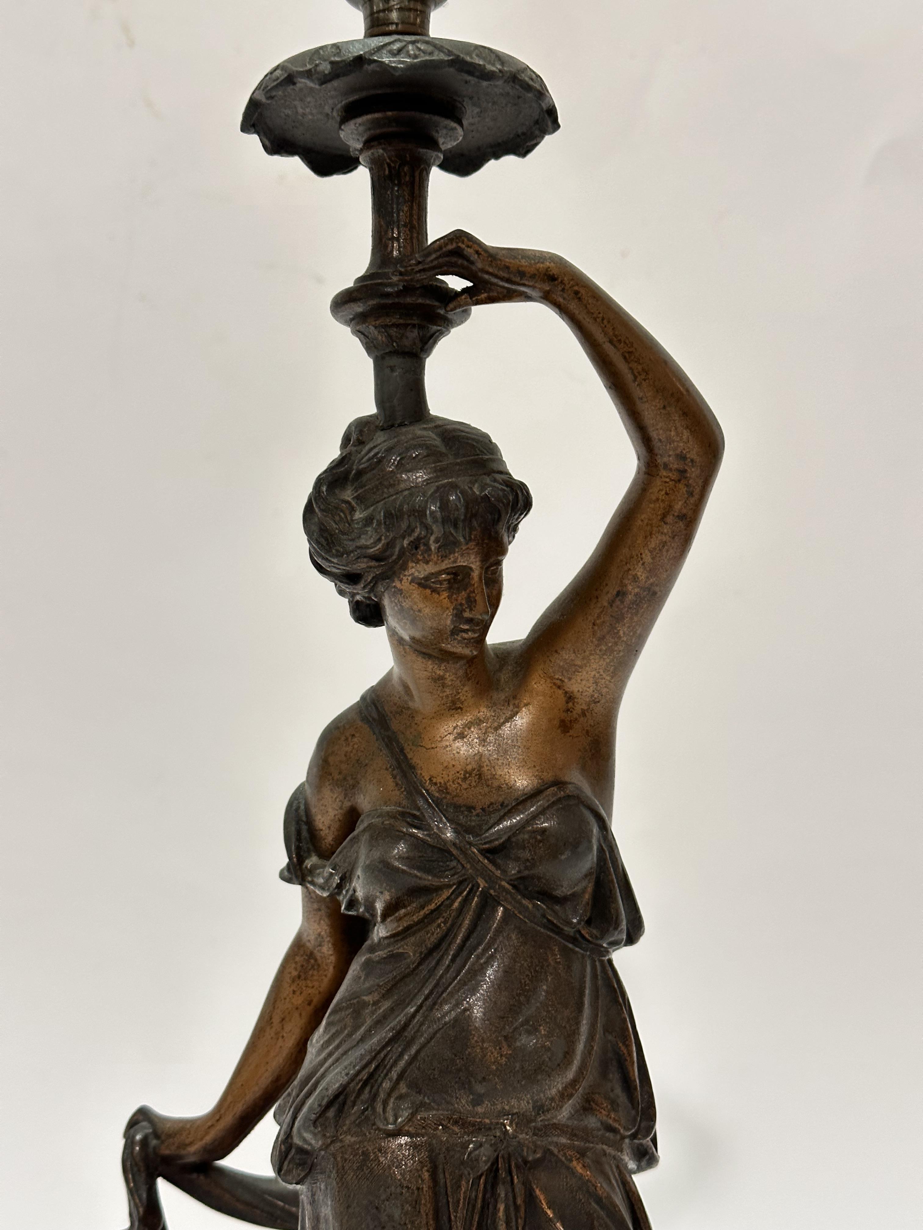 A French cast spelter figure lamp of a young lady draped in Grecian style, on circular moulded base, - Image 2 of 3