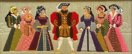 A hand sewn running stitch panel depicting Henry VIII and his wives, gilt glazed frame, key to